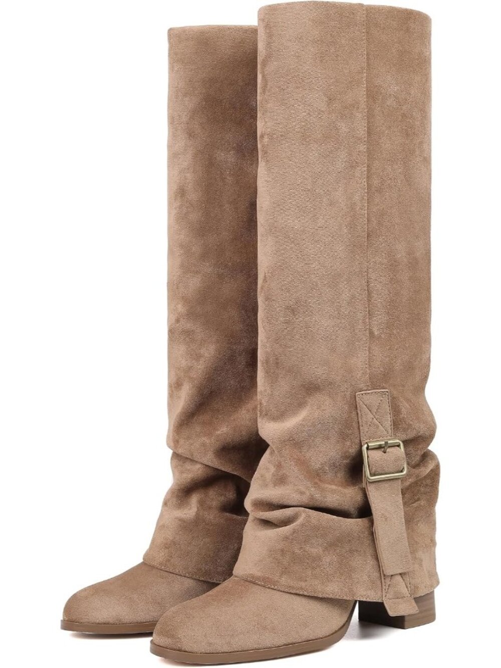 Women's Camel Fold Over Half-Zipper Knee High Boots Buckle Slouchy Shark Boots